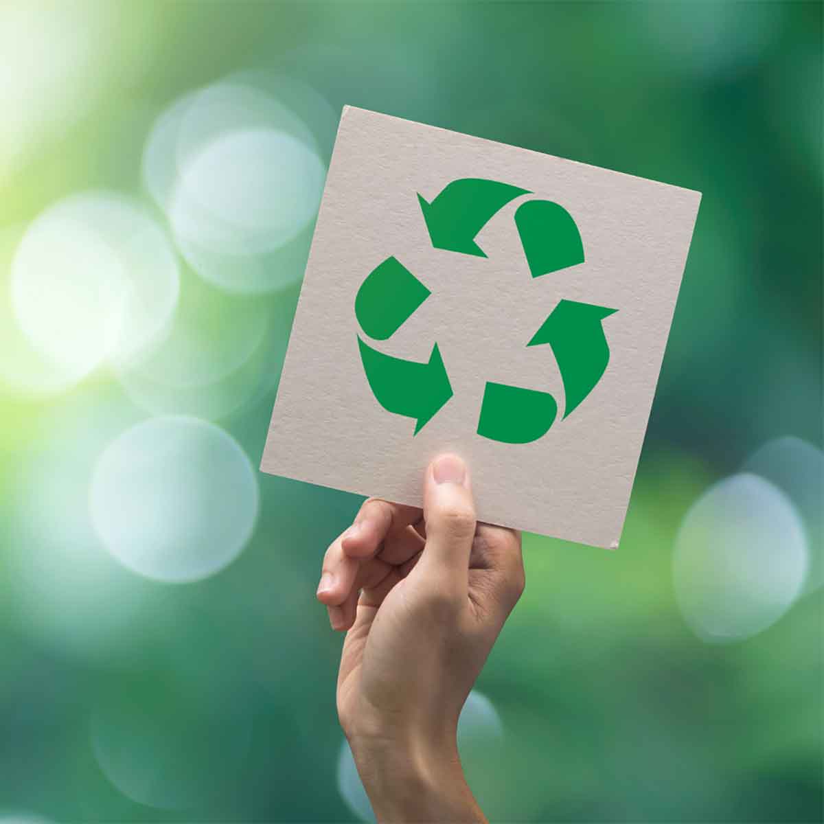 Hand holding a card with the green recycling symbol on a blurred green background.