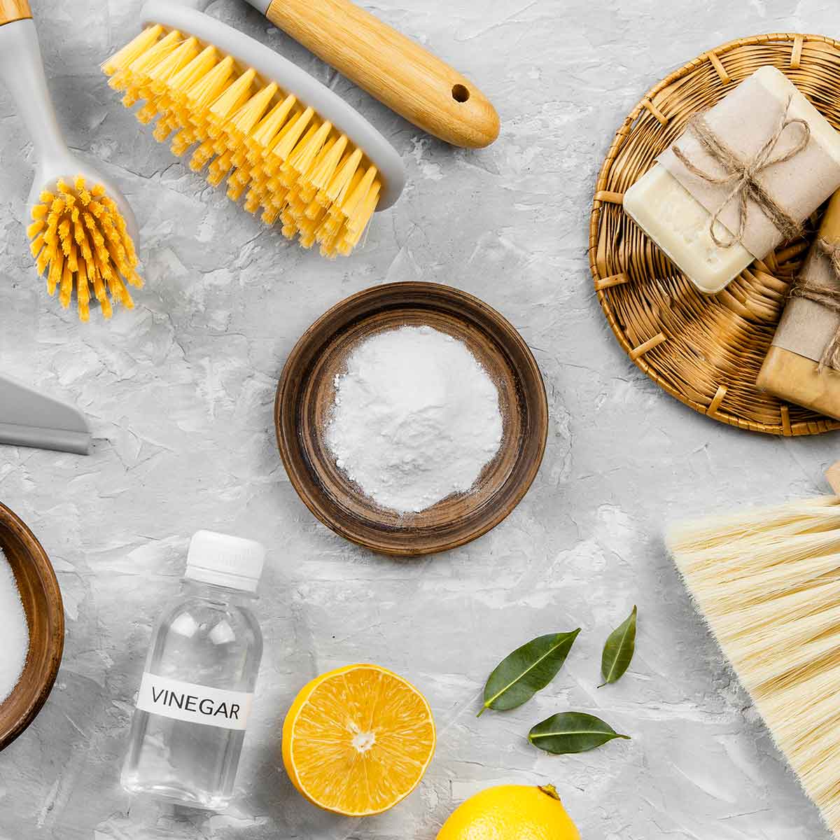 Eco-friendly cleaning supplies including vinegar, lemon, baking soda, brushes, and handmade soaps.