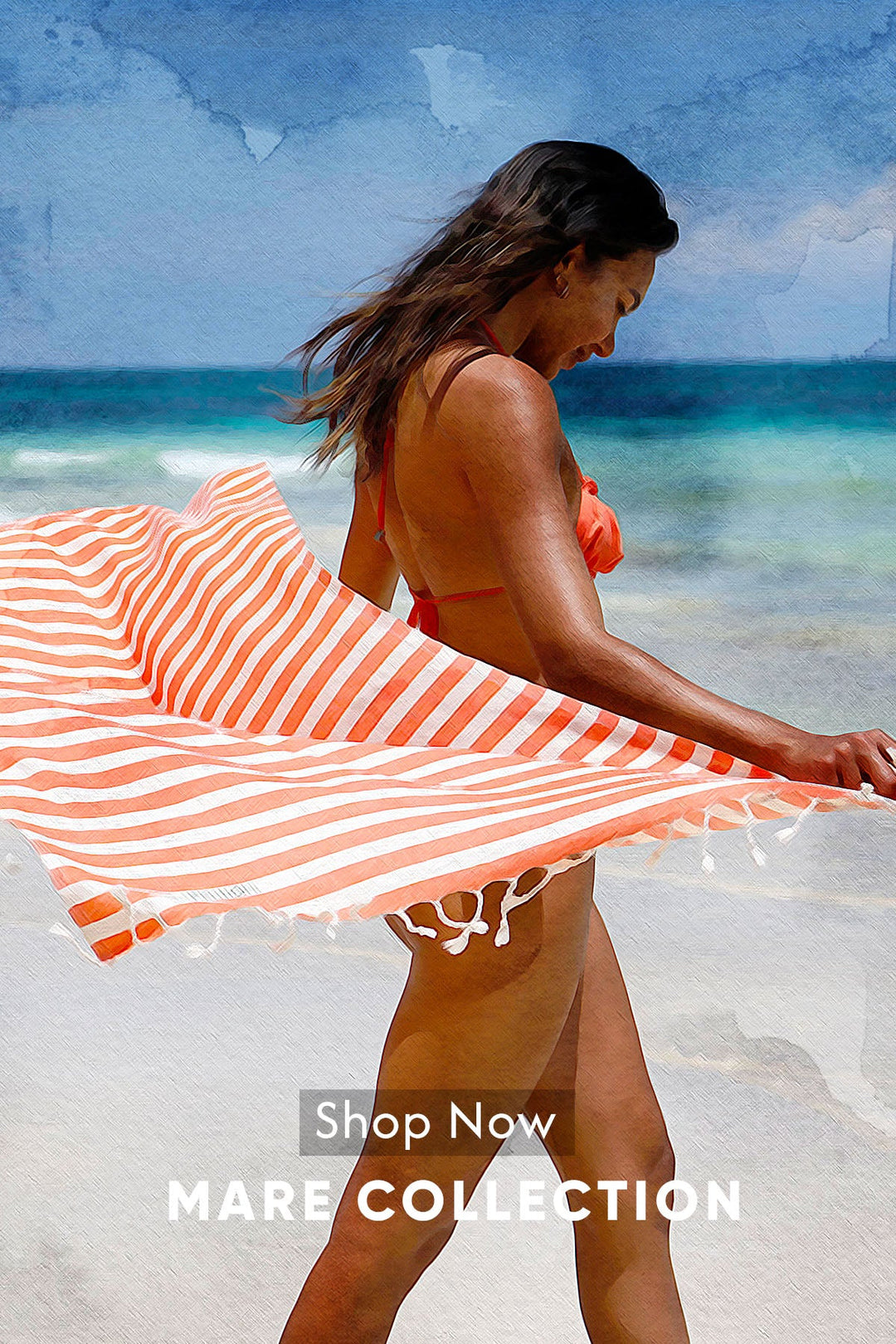 Woman in a striped orange and white towel, standing on sandy beach with tropical plants in the background.