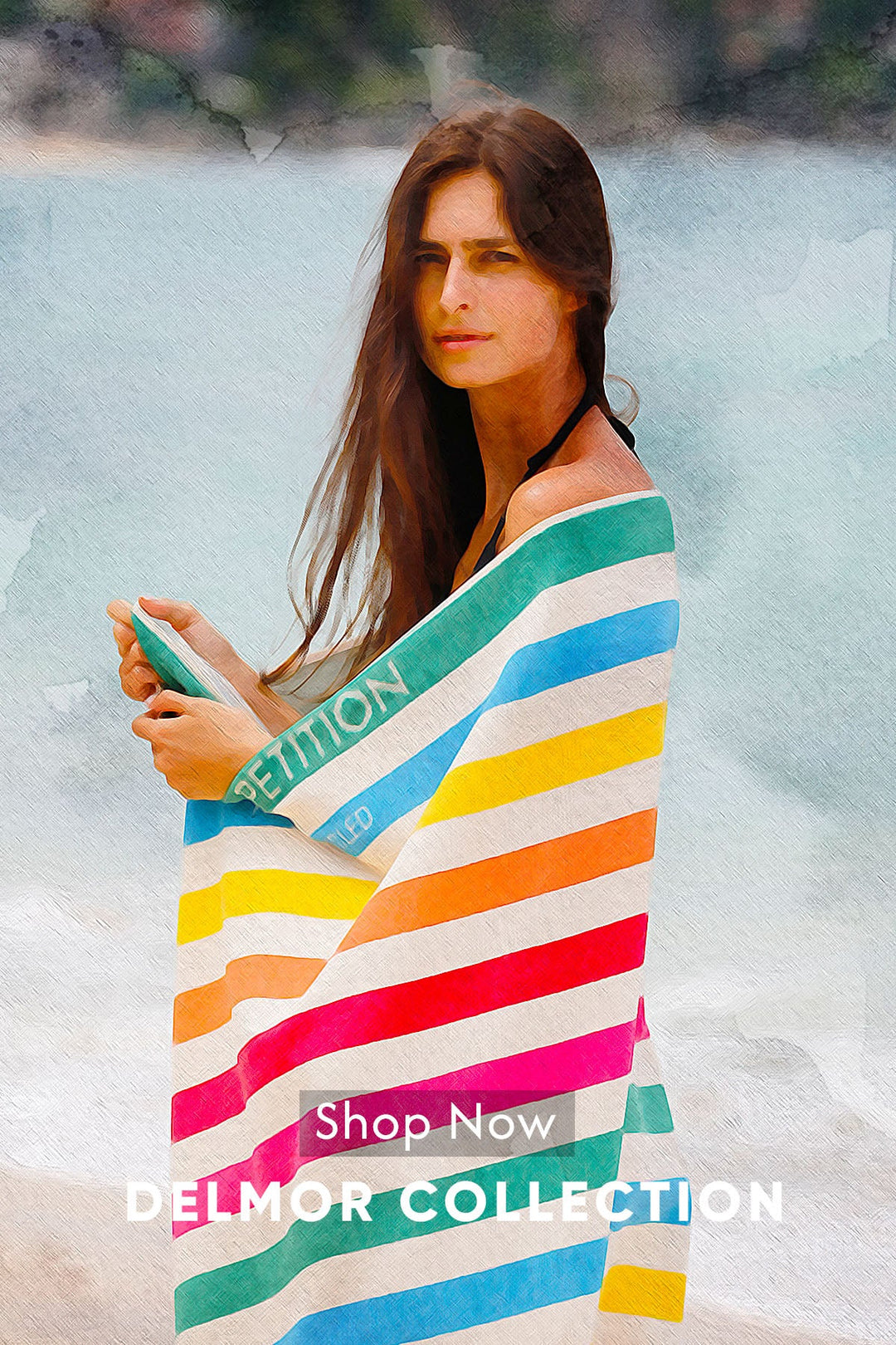 Model showcasing a stylish striped beach cover-up and hat by the ocean, epitomizing summer fashion.
