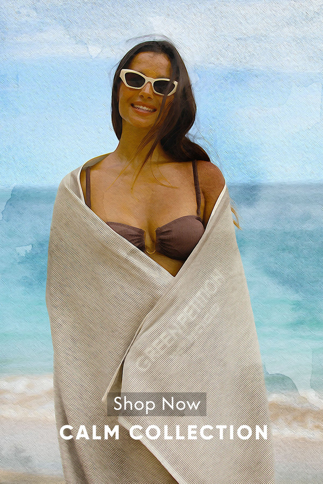 Woman wrapped in a cozy gray blanket, exuding a calm vibe on a sunny day near white chairs.