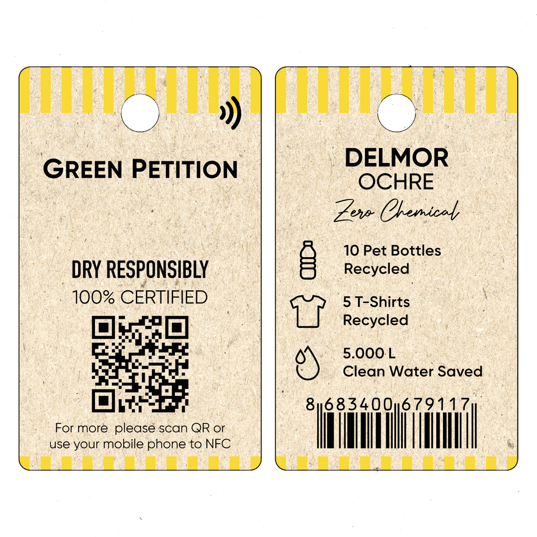 Eco-friendly product tags featuring recycling statistics and QR code for green initiatives.