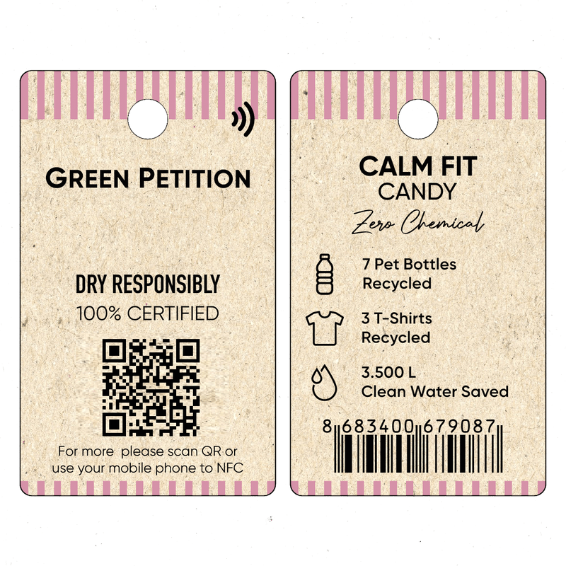 Sustainable product tags featuring 'Green Petition' and 'Calm Fit Candy' with recycling information and QR code.