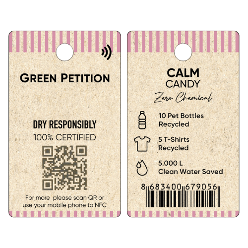 Eco-friendly product tags featuring recycling information and QR code for Green Petition and Calm Candy.