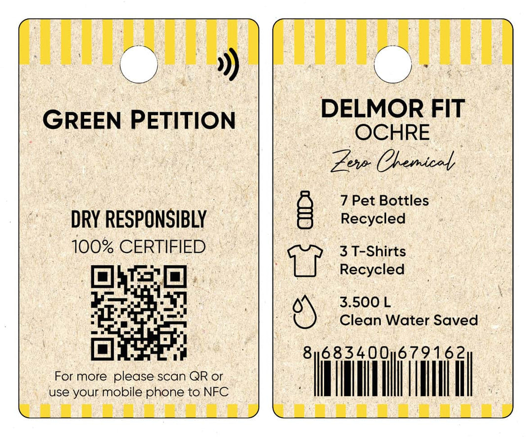 Eco-friendly product tags detailing recycled materials and clean water savings, with QR code for more info.