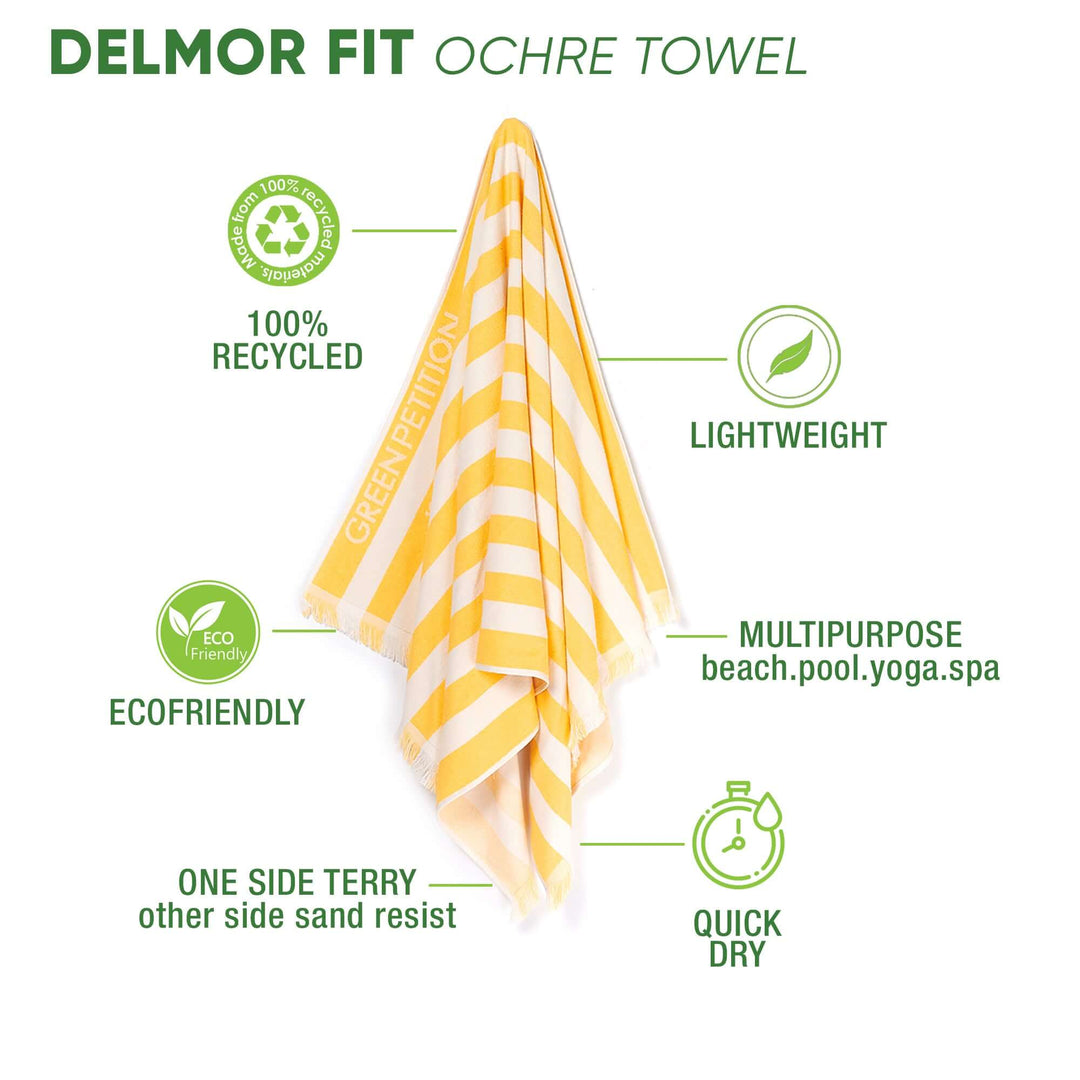 Delmor Fit Ochre Towel featuring eco-friendly materials, striped design, lightweight, and multipurpose use for beach, pool, and spa.
