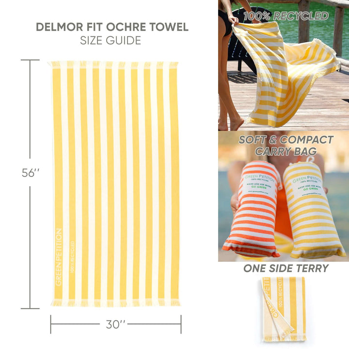 Delmor FIT Ochre Bath Towel size guide, featuring recycled materials, compact carry bag, and soft terry side.