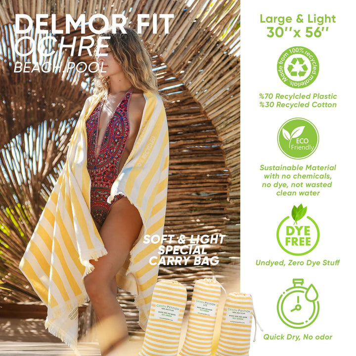 Delmor FIT Ochre Beach Towel featuring nostalgic stripes, eco-friendly materials, and stylish design for pool or beach use.