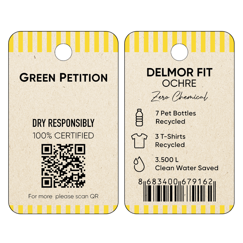 Eco-friendly clothing tag featuring recycling statistics and QR code for Delmor Fit Ochre, promoting sustainability.