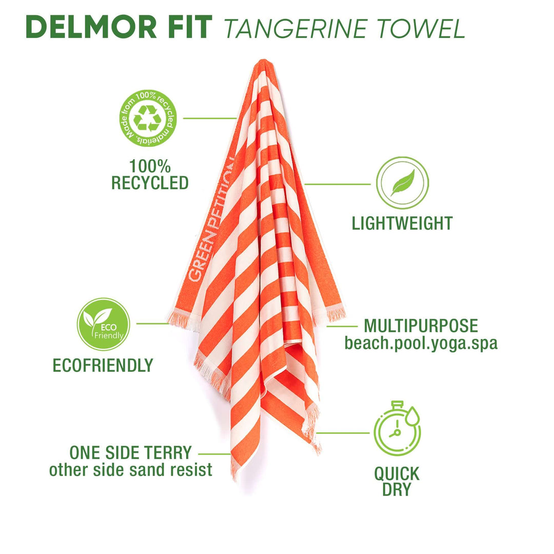 Delmor FIT Tangerine Bath Towel, eco-friendly, lightweight, 100% recycled, ideal for beach, pool, yoga, and spa use.
