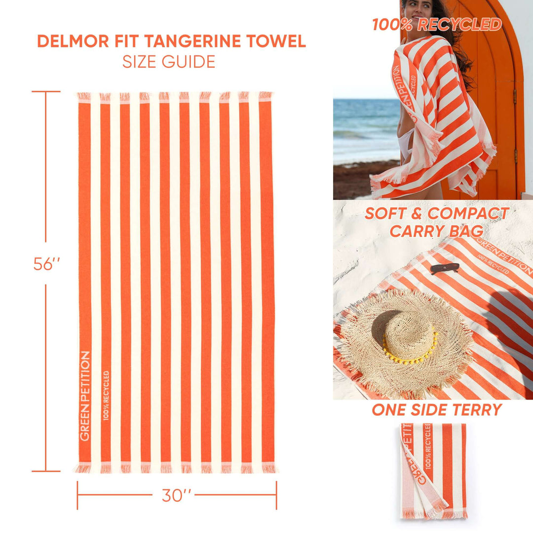 Delmor Fit Tangerine Bath Towel size guide with eco-friendly details and vibrant striped design.