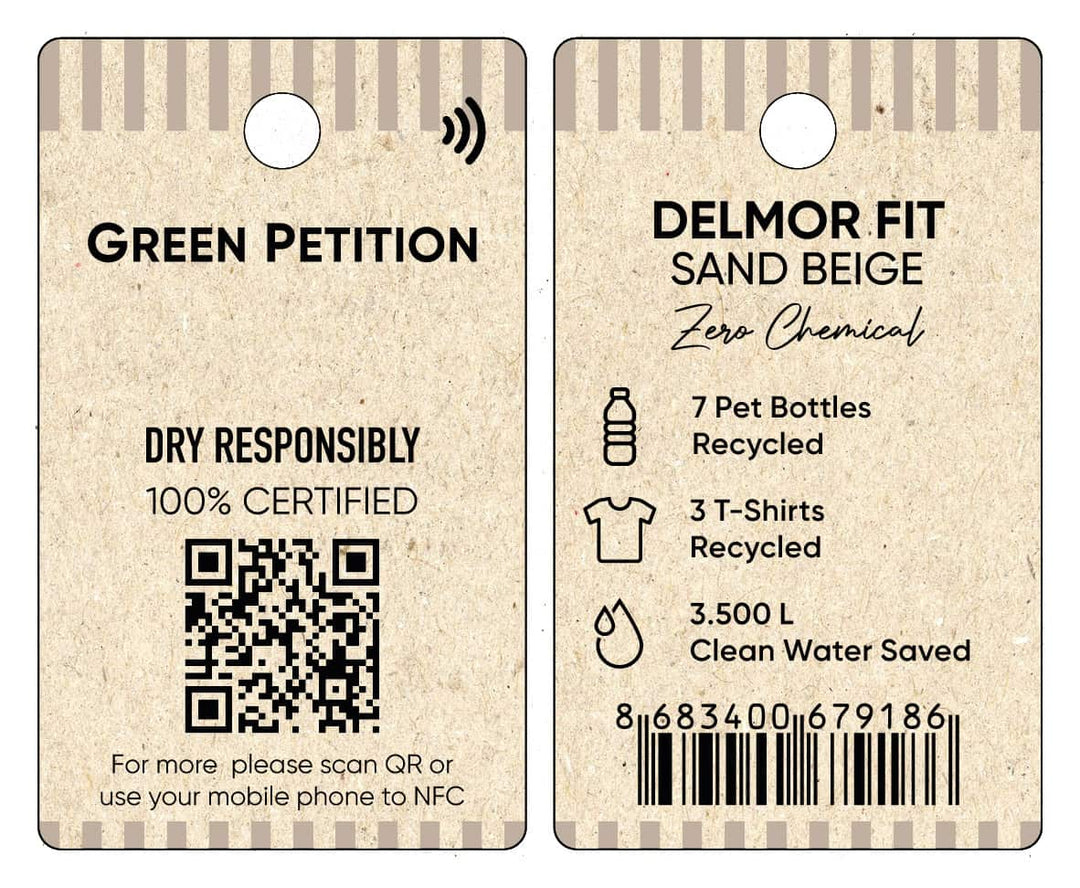 Eco-friendly product tag showing recycling stats: 7 bottles, 3 t-shirts, and 3.5L clean water saved.