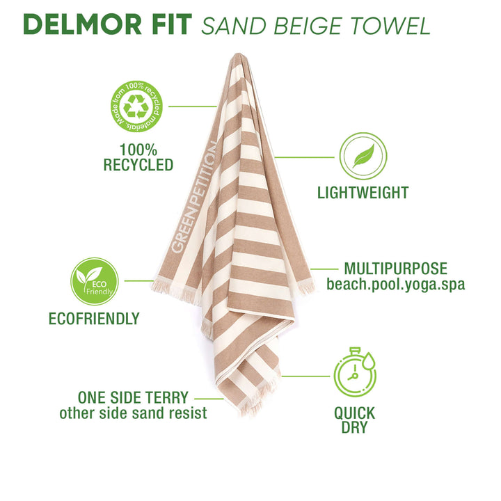 Delmor Fit sand beige towel, eco-friendly, lightweight, 100% recycled, perfect for beach, pool, or yoga.