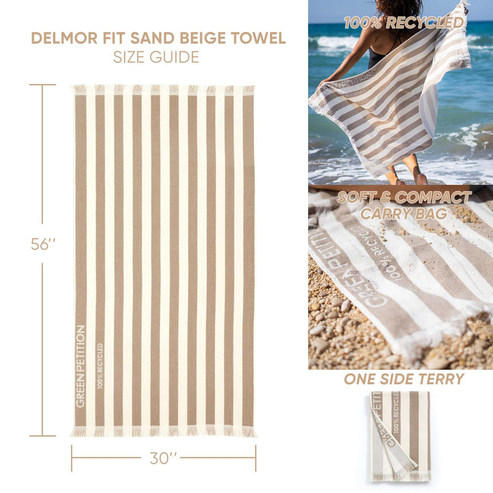 Delmor FIT Sand Beige Towel, 100% recycled, soft, compact, stylish striped design, eco-friendly beach accessory.