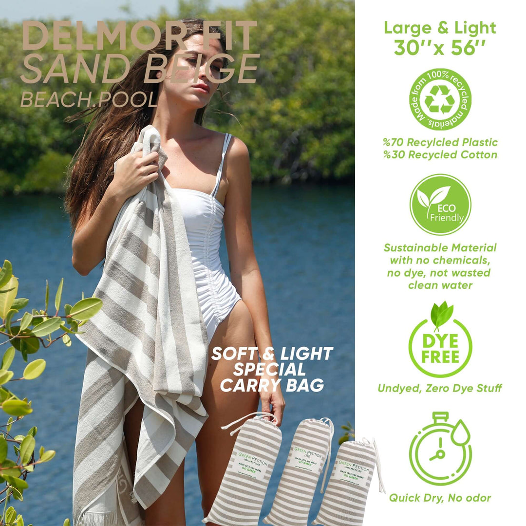 Delmor Fit Sand Bath Towel features eco-friendly striped design, made from recycled materials, perfect for beach and pool use.