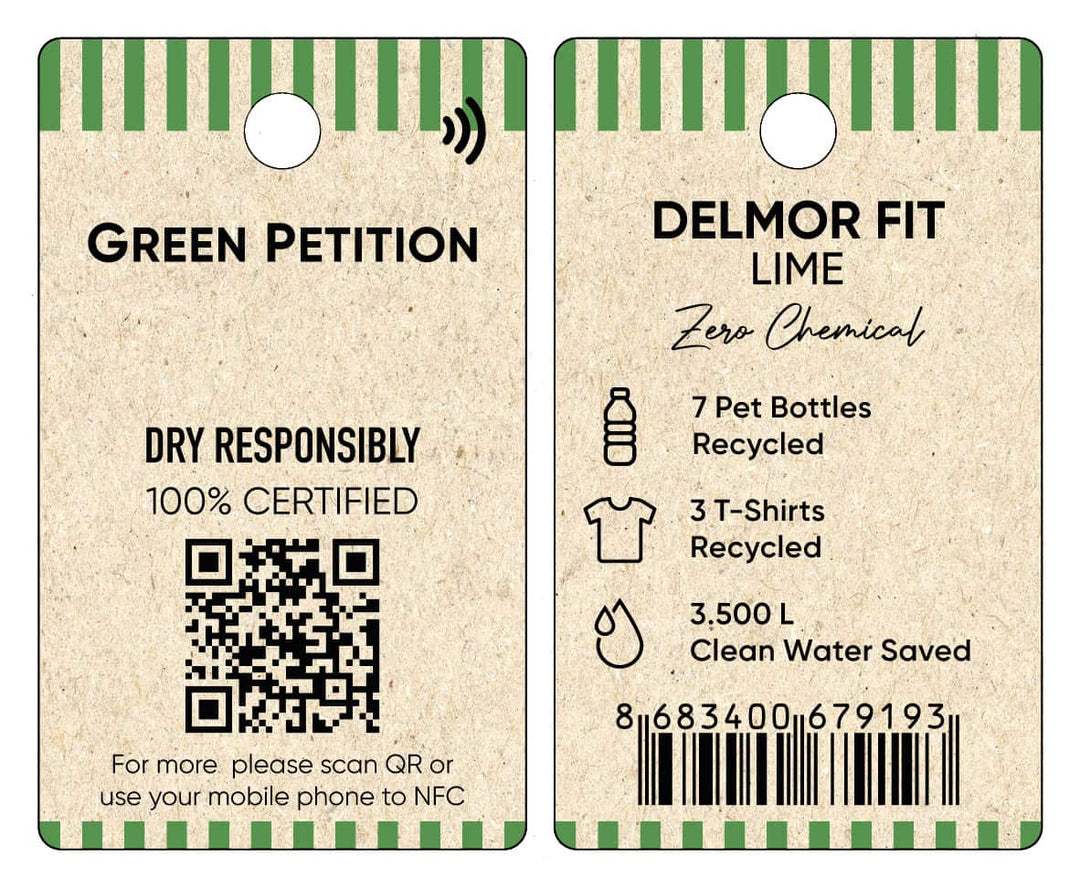 Eco-friendly tag for Delmor Fit Lime, highlighting recycled materials and environmental benefits.