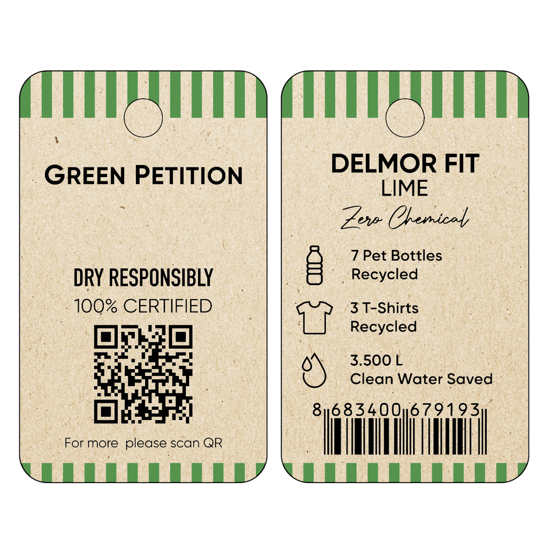 Eco-friendly product tag displaying recycled materials and water conservation details with QR code.