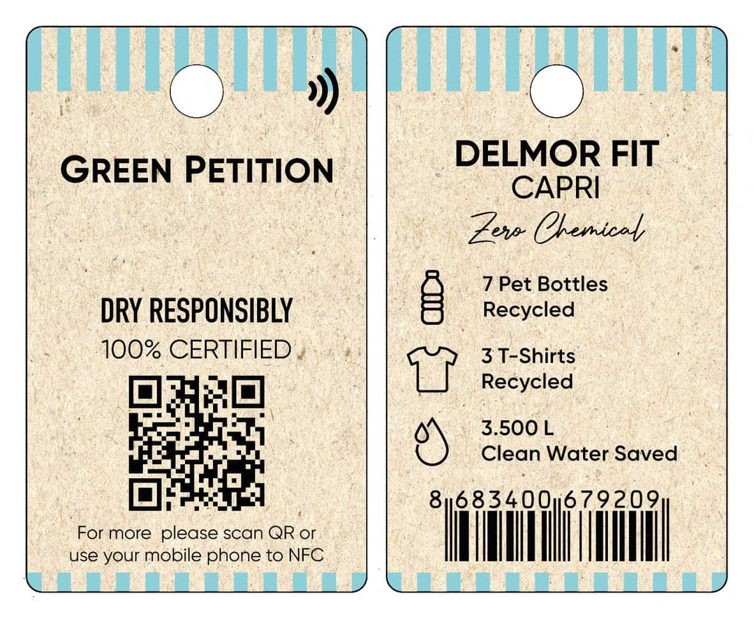 Eco-friendly clothing tag for Delmor Fit Capri, highlighting recycled materials and sustainable practices.