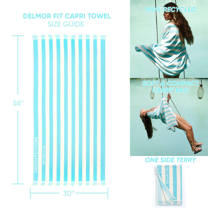 Delmor FIT Capri Towel size guide with measurements and images showcasing its eco-friendly design and compact carry bag.