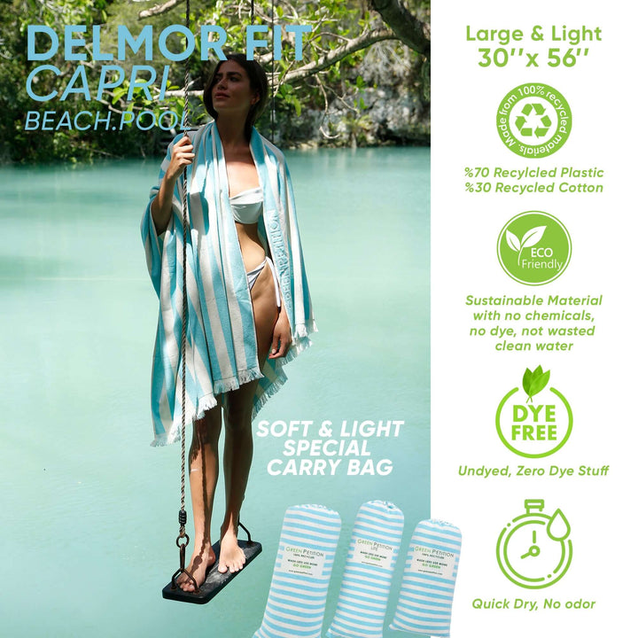 Delmor FIT Capri Beach Towel featuring eco-friendly materials, stylish stripes, and a model by the water.