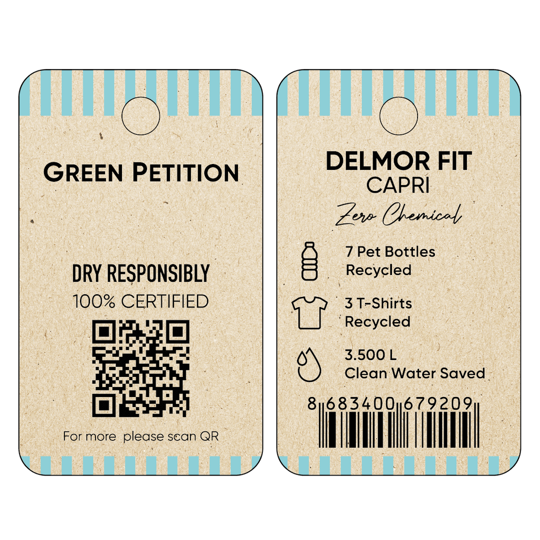 Eco-friendly clothing tag showcasing recycling and sustainability efforts with QR code for more information.