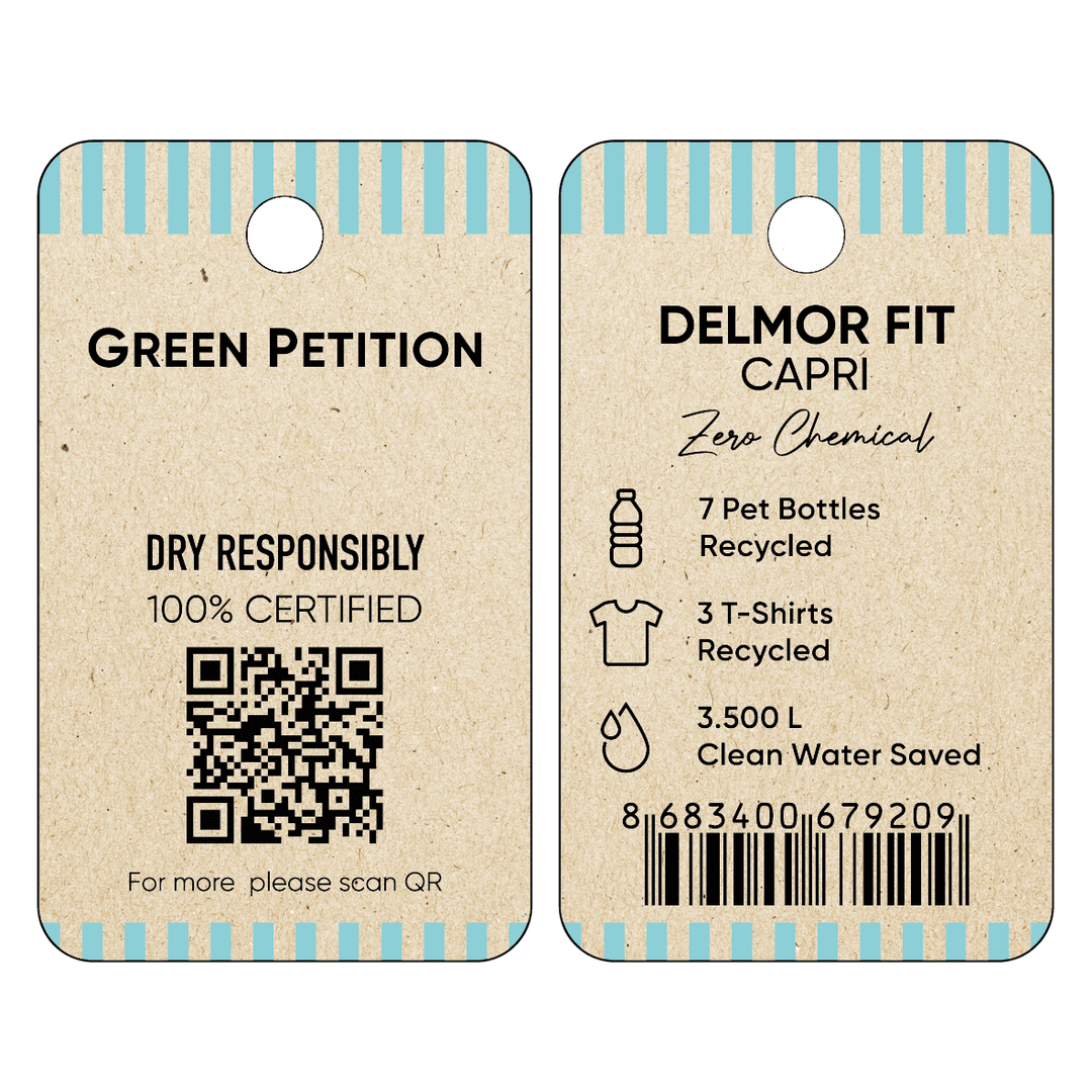 Eco-friendly clothing tag highlighting recycled materials and sustainability certifications for Delmor Fit Capri.