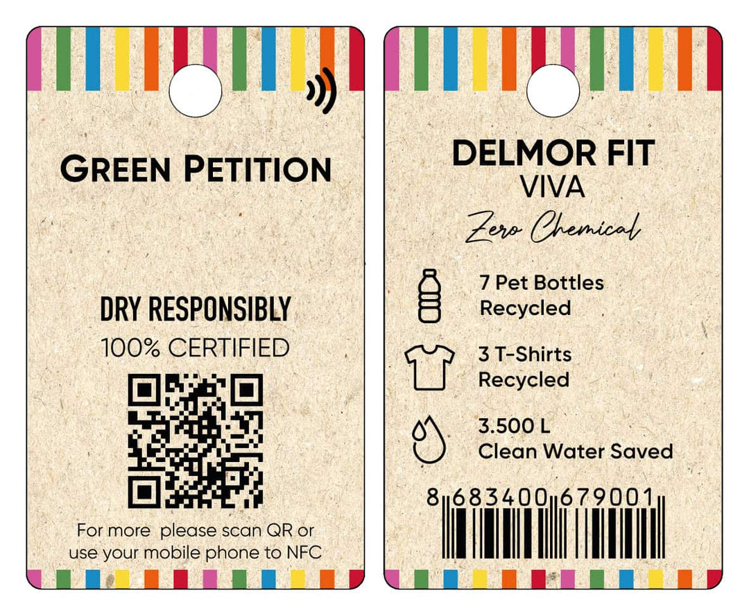 Eco-friendly product tag highlighting recycled materials and water savings, featuring QR code for more information.
