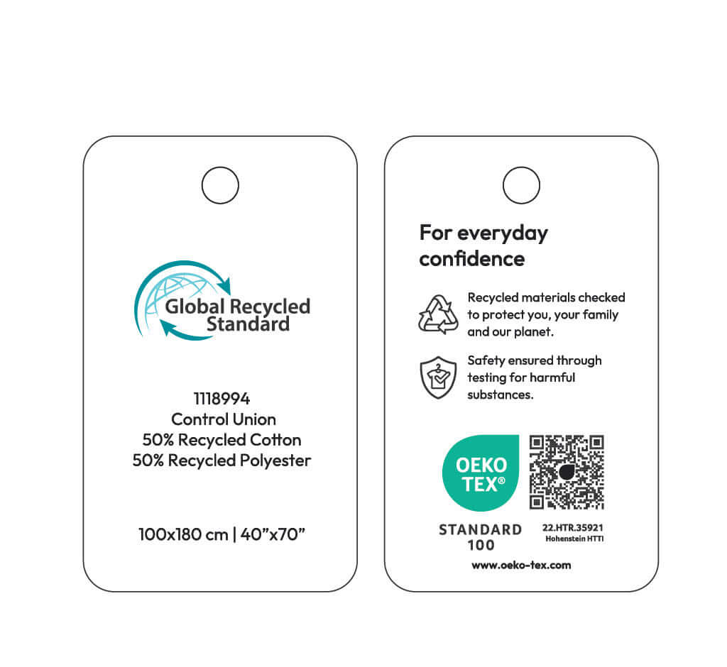 Global Recycled Standard tag featuring 50% recycled cotton and polyester for sustainable fashion.