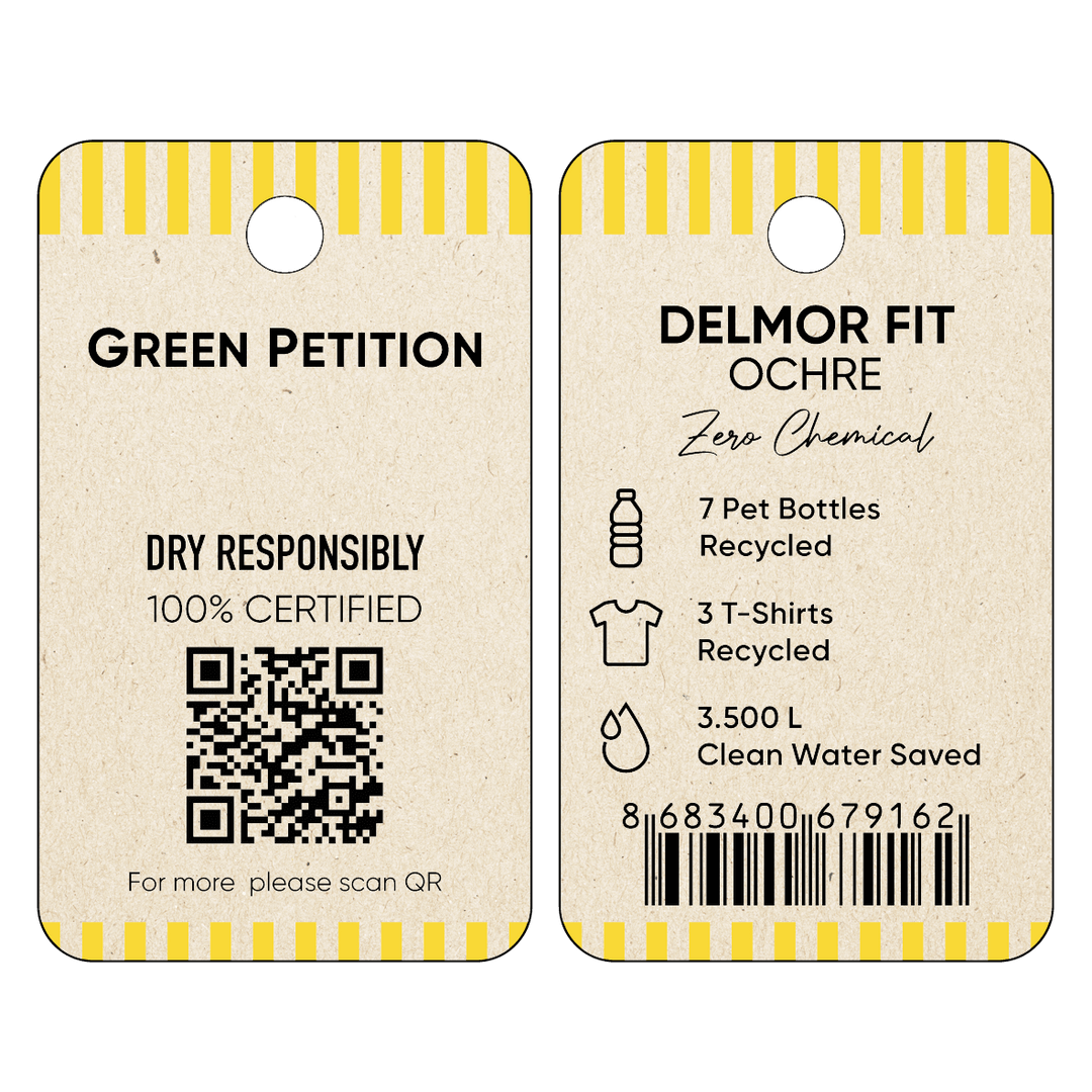Eco-friendly clothing tag featuring green petition, recycling symbols, and QR code for product details.