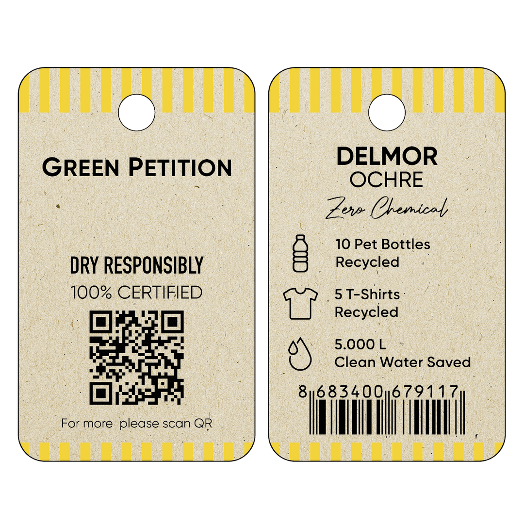 Eco-friendly tag for Delmor Ochre, highlighting recycled materials and clean water conservation.