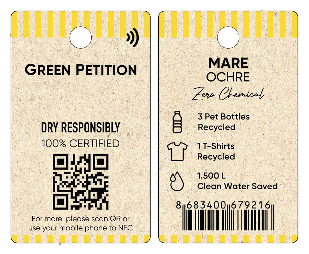 Eco-friendly product tag detailing recycled materials and sustainability, featuring a QR code for more info.