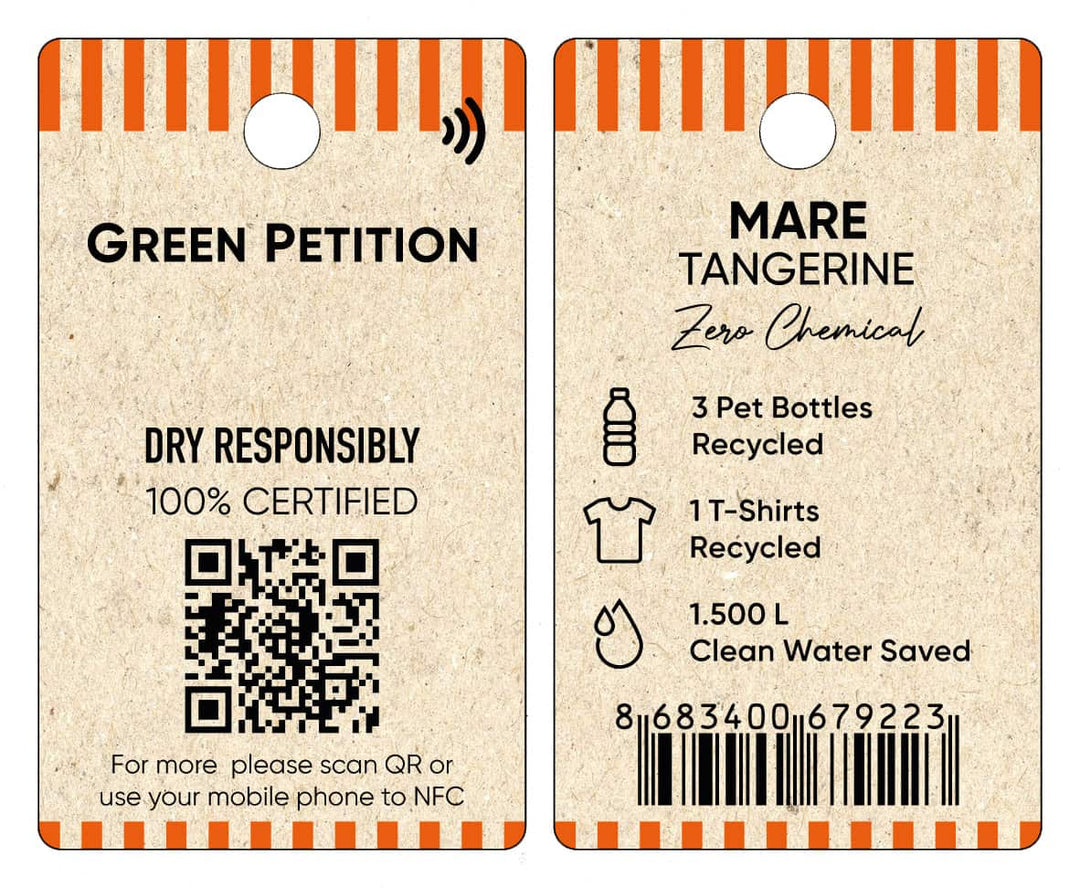 Eco-friendly tag for Mare Tangerine, emphasizing recyclable materials and water conservation.