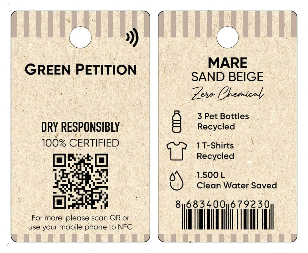 Sustainable product tags showing recycling information, materials used, and environmental benefits.