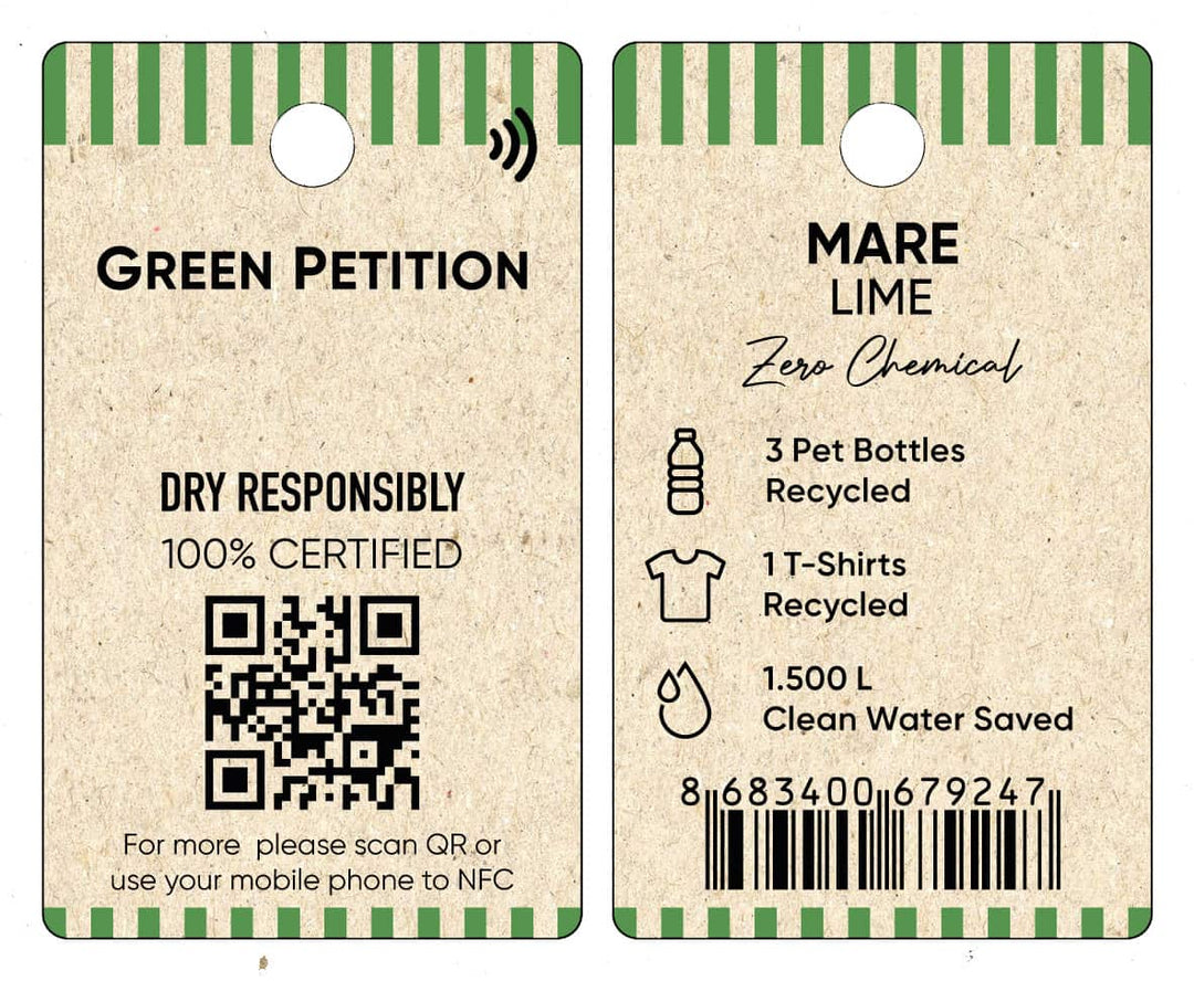 Eco-friendly tag featuring recycling stats: 3 plastic bottles, 1 t-shirt recycled, and 1,500L clean water saved.