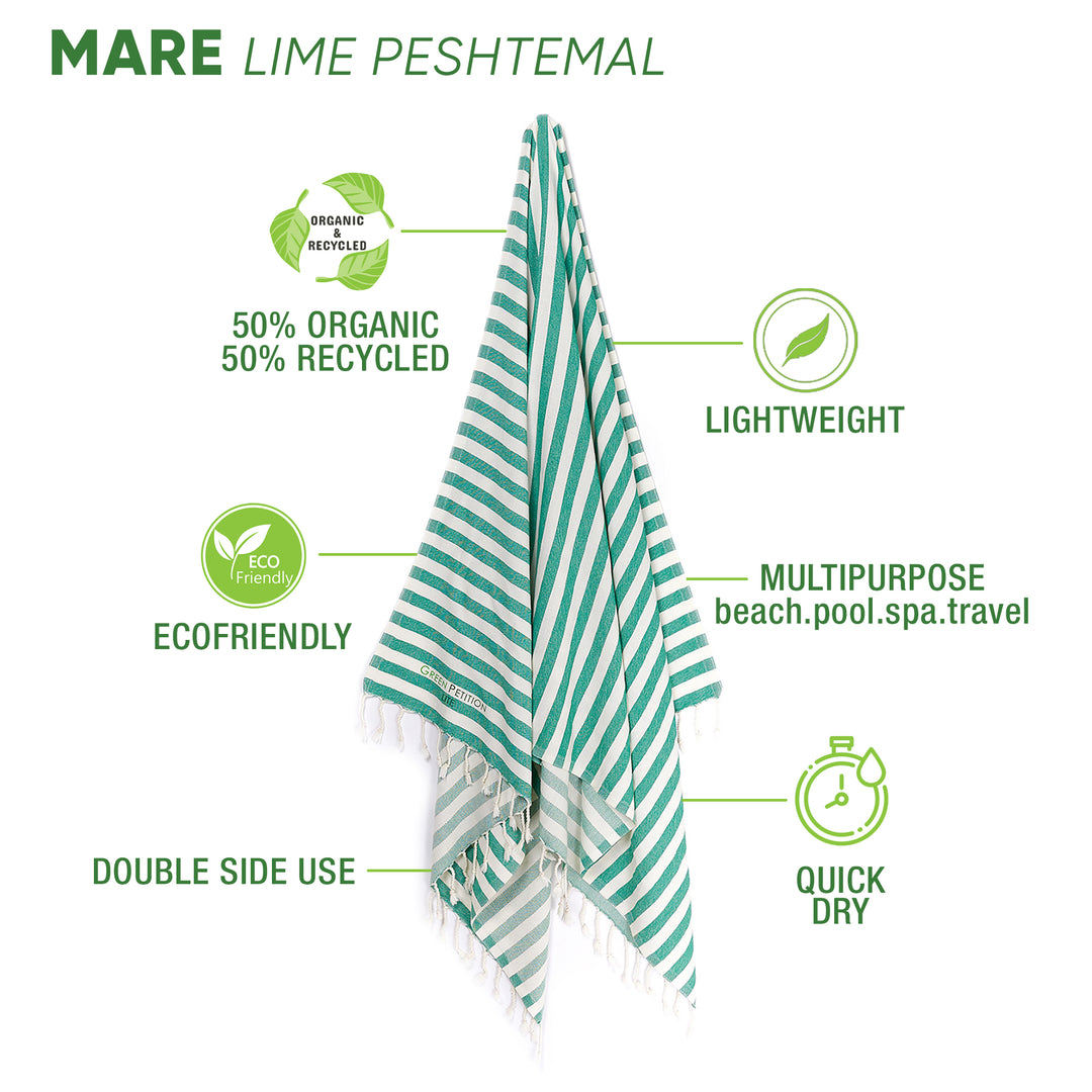 Mare Lime Peshtemal towel featuring eco-friendly materials, lightweight design, and double-sided use for beach and travel.