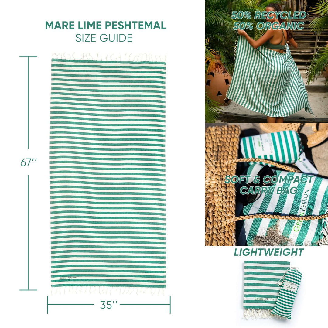 Mare Lime Peshtemal size guide showcasing striped design, dimensions, and eco-friendly materials.