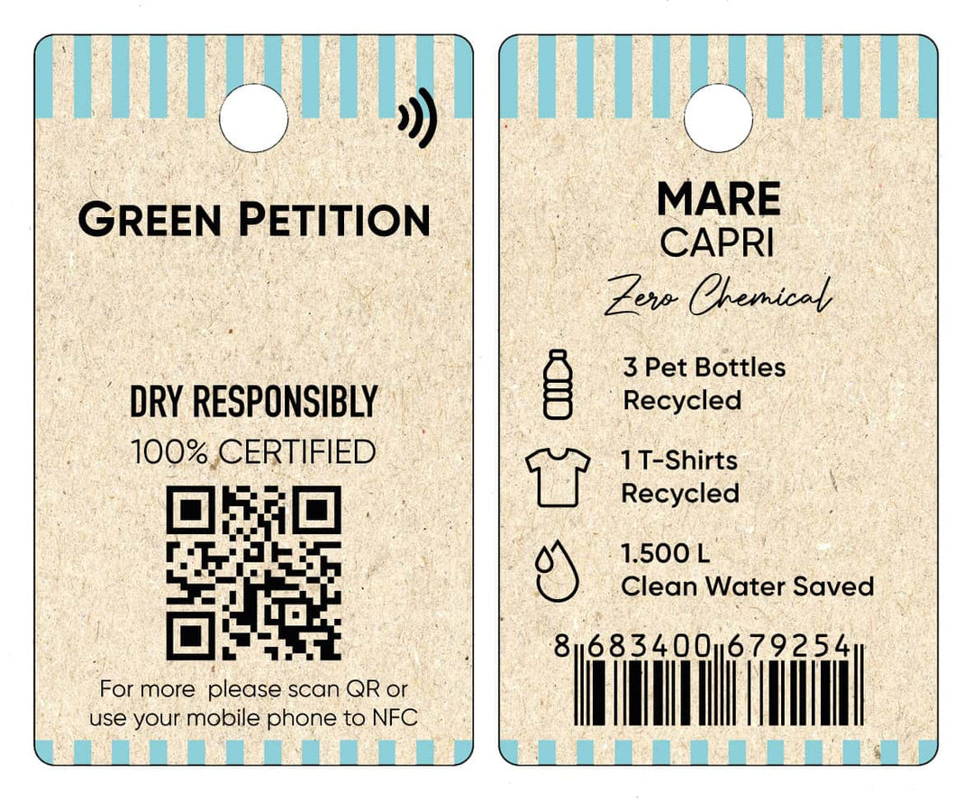 Eco-friendly tag for Mare Capri, highlighting recycled materials and clean water savings.