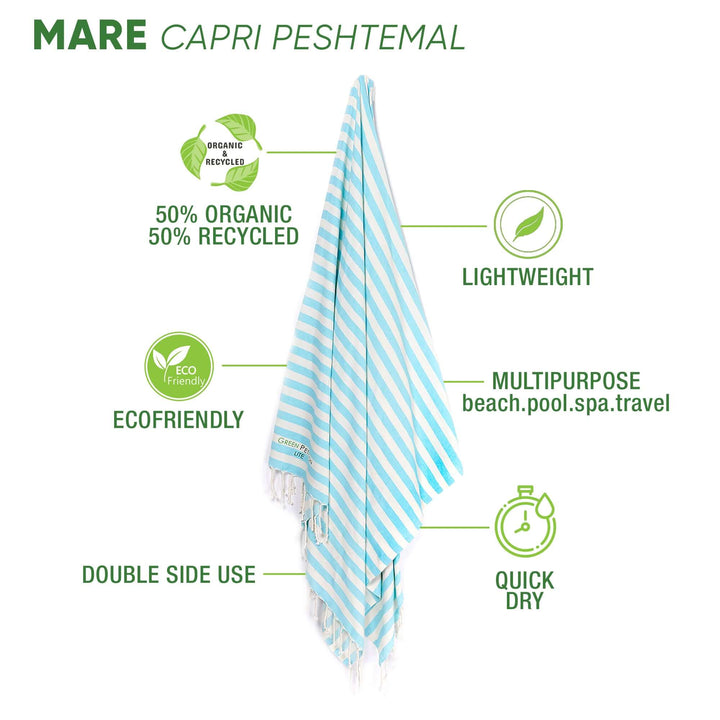 Mare Capri Peshtemal towel showcasing eco-friendly materials, lightweight design, and multipurpose uses.