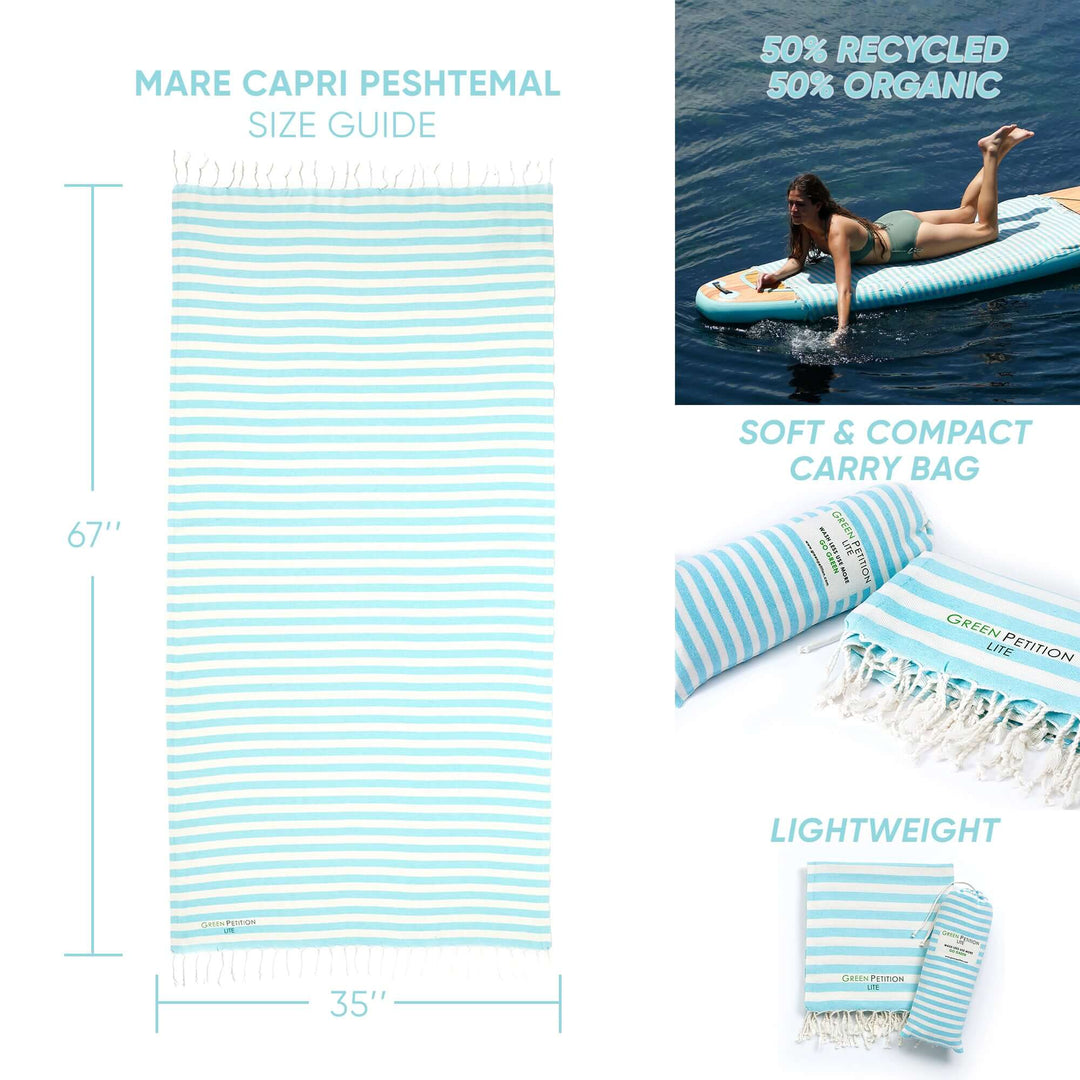Mare Capri Peshtemal size guide showing striped design, eco-friendly materials, and lightweight features.