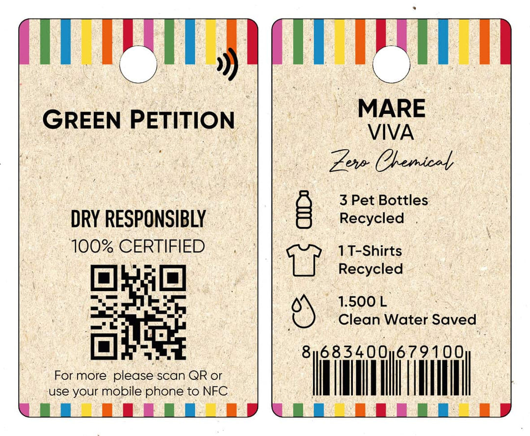 Eco-friendly tag for Mare VIVA, highlighting recycled materials and clean water savings.
