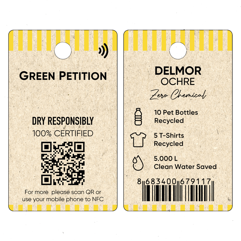 Sustainable product tag showing details on recycling, water savings, and eco-friendly initiatives.