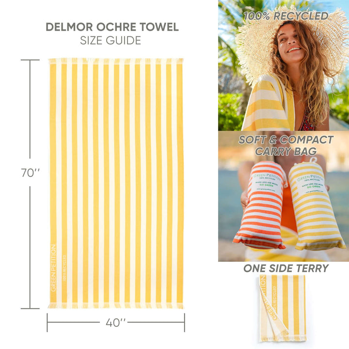 Delmor Ochre Beach Towel size guide showing dimensions and eco-friendly details with compact carry bag.