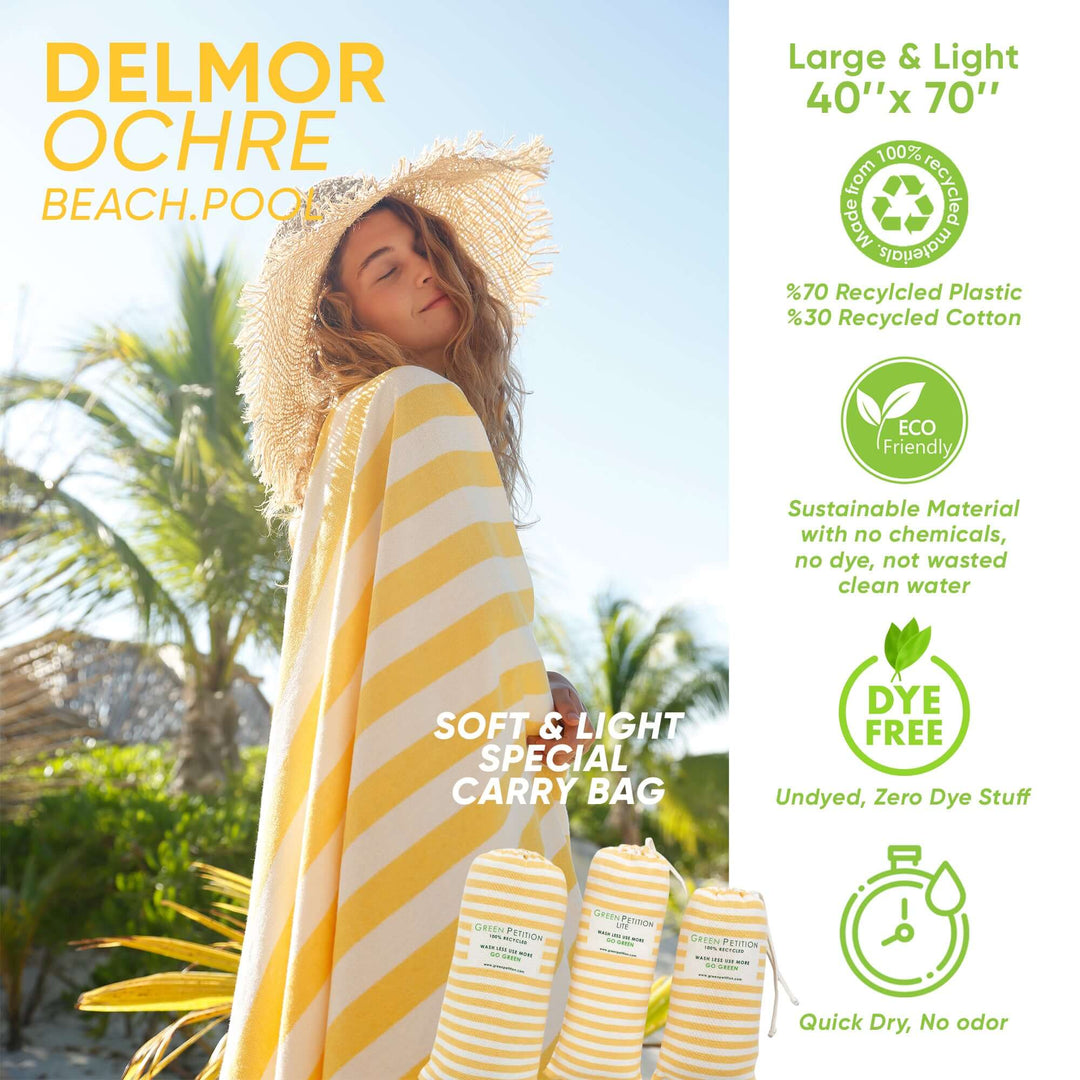 Delmor Ochre Beach Towel, 40"x70", eco-friendly, lightweight with recycled carry bag, featuring soft stripes and sustainable materials.