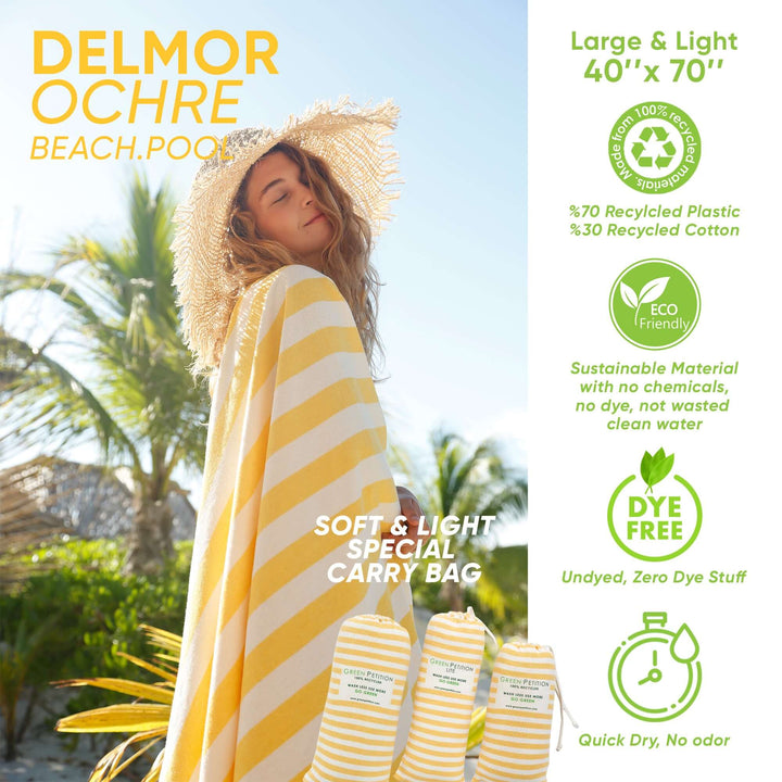 Delmor Ochre Beach Towel, 40"x70", eco-friendly, lightweight with recycled carry bag, featuring soft stripes and sustainable materials.