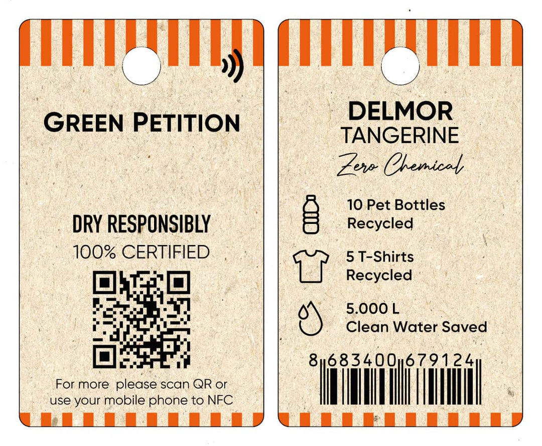 Eco-friendly label for Delmor Tangerine, detailing recycling and water conservation efforts.