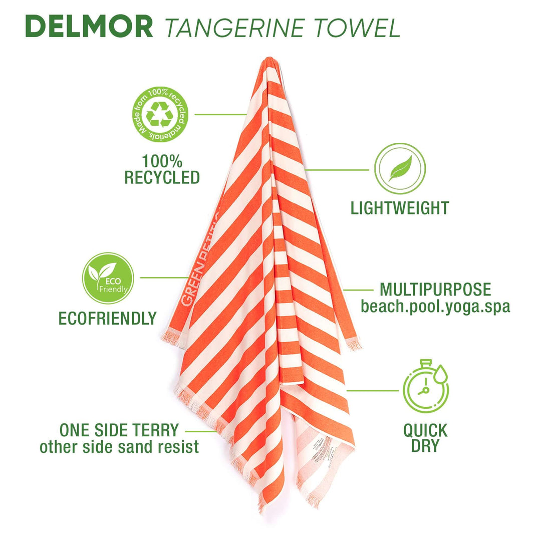 Delmor Tangerine Beach Towel features lightweight, eco-friendly design with 100% recycled materials, ideal for beach, pool, and yoga.