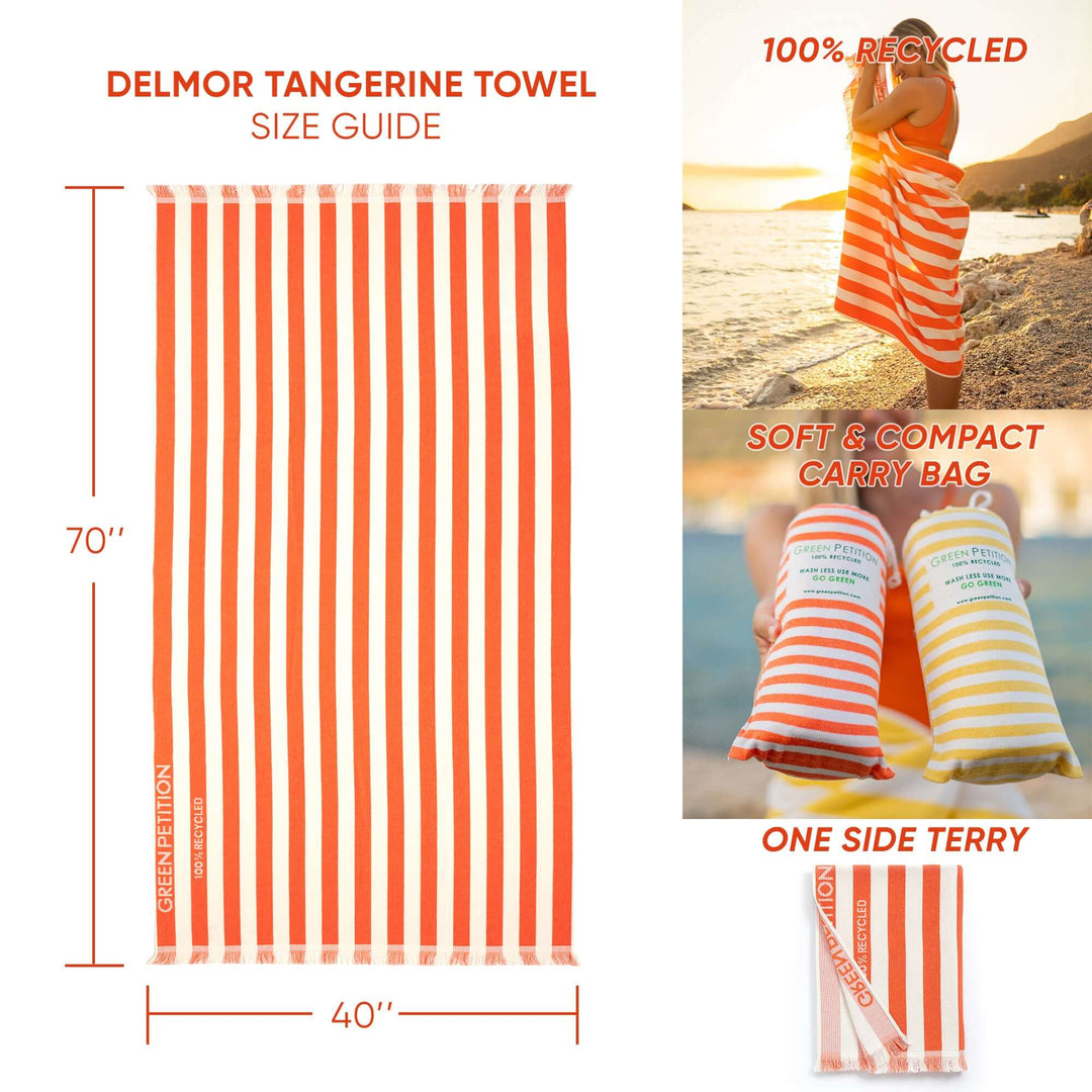 Delmor Tangerine Beach Towel size guide showcasing dimensions, soft carry bag, and beach-ready design.