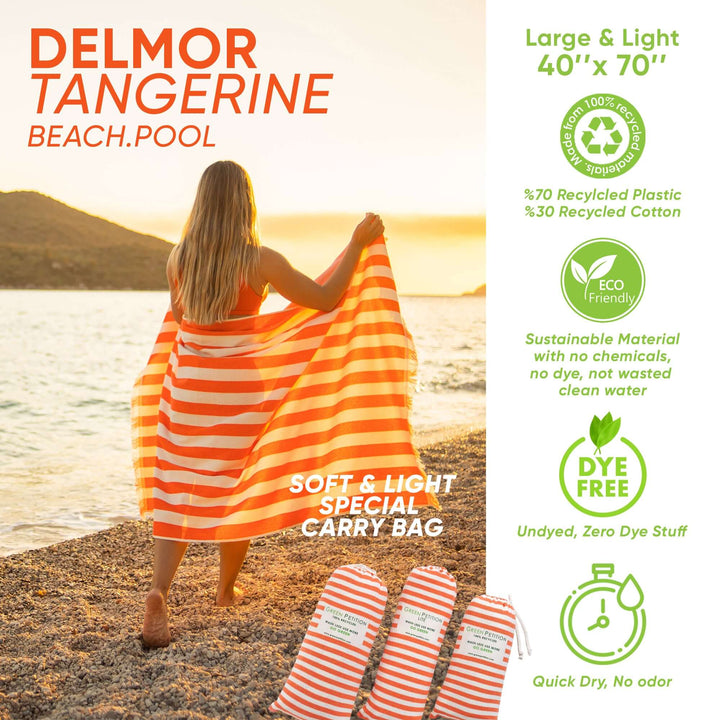 Delmor Tangerine Beach Towel 40x70 inches, eco-friendly, lightweight, recycled carrying bag, perfect for beach and pool.