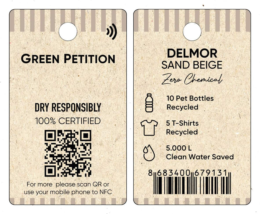 Eco-friendly tag displaying recycled materials info, including pet bottles and t-shirts, with QR code and sustainability highlights.