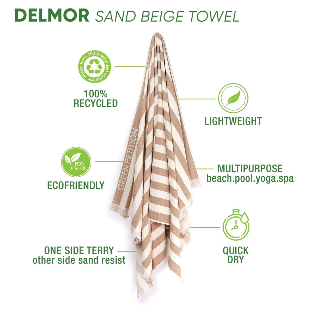 Delmor Sand Beige Towel features eco-friendly, lightweight design, quick-dry materials, and versatile for beach, pool, and yoga.